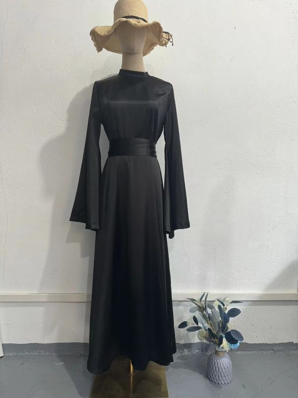 Women's Clothing Large Swing Sleeve Waist Slimming Solid Color Long Sleeve Design Dress_voghion.com