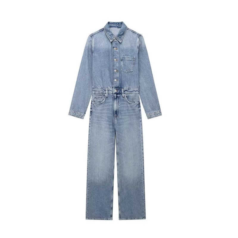 Women's Long Sleeve Lapel Slimming Temperament Long Denim Jumpsuit Jeans _voghion.com