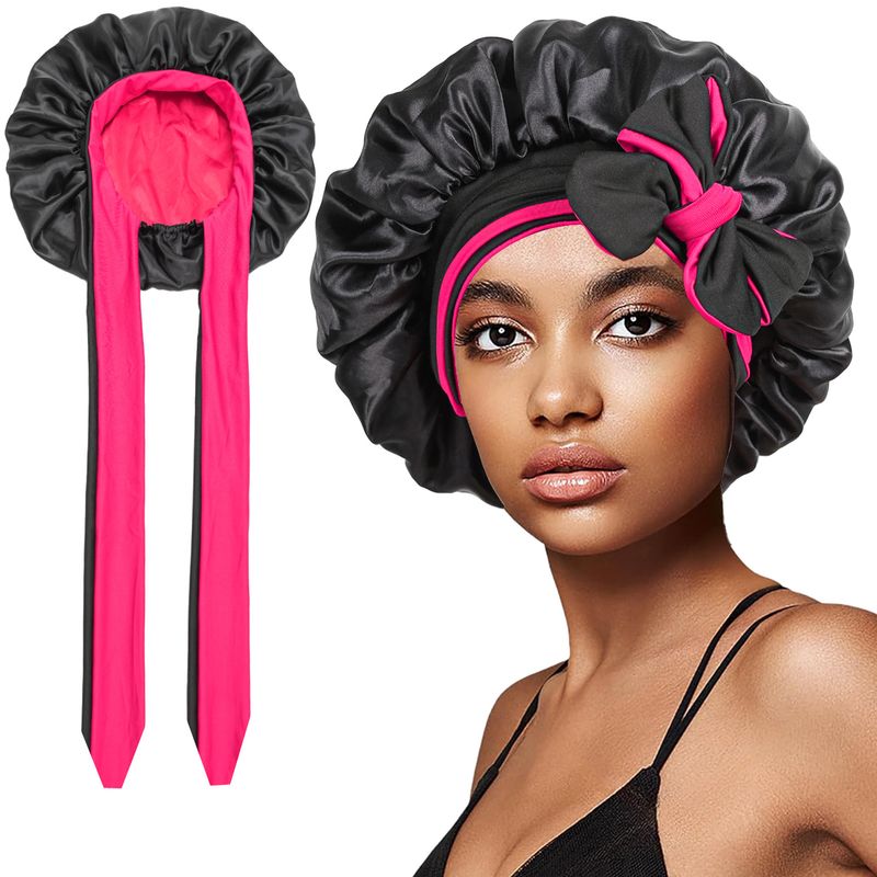 Double Layer Satin Sleeping Cap Double Sided Round Hat Bow Ribbon Silk Beauty Hair Cap Bonnet_voghion.com