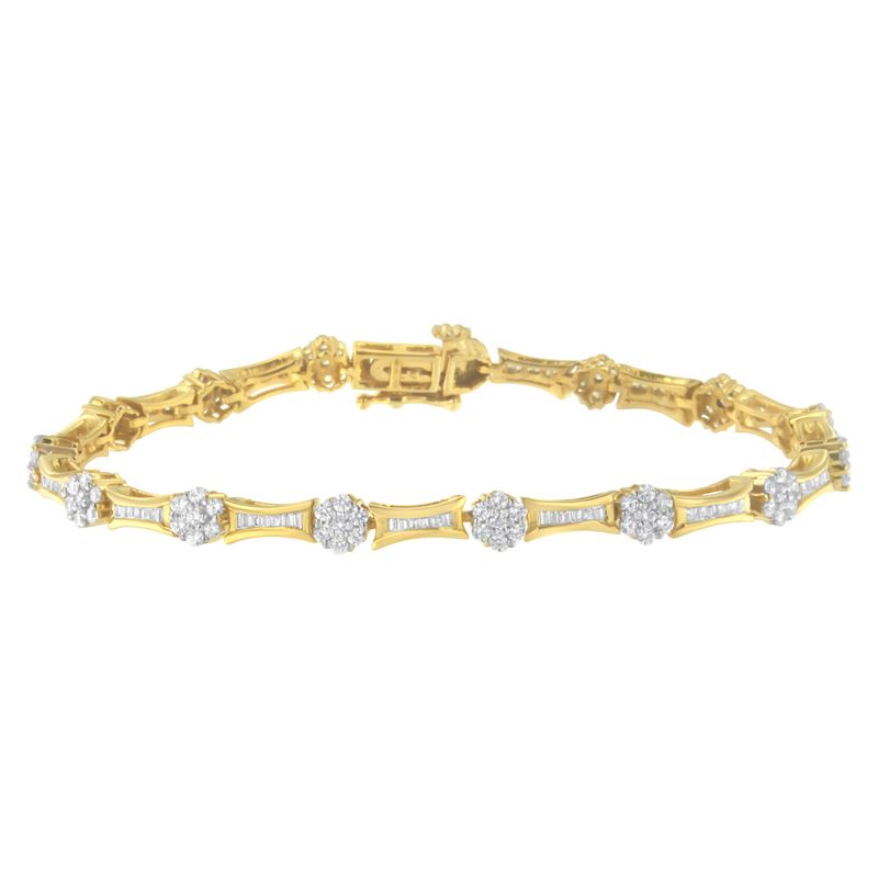 10K Yellow and White Gold 2.00 cttw Round and Baguette-Cut Diamond Link Bracelet (I-J Color, I2-I3 Clarity) - Size 7.25"_voghion.com