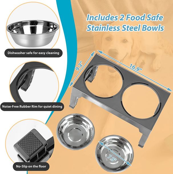 Slow Feeder Adjustable Height Table Cat Dog Neck Protection Stainless Steel Pet Elevated Double Bowl Stand_voghion.com