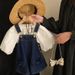 Kid's Clothing 2024 spring and summer new girls' temperament lantern sleeve shirt bow denim suspender skirt set_voghion.com