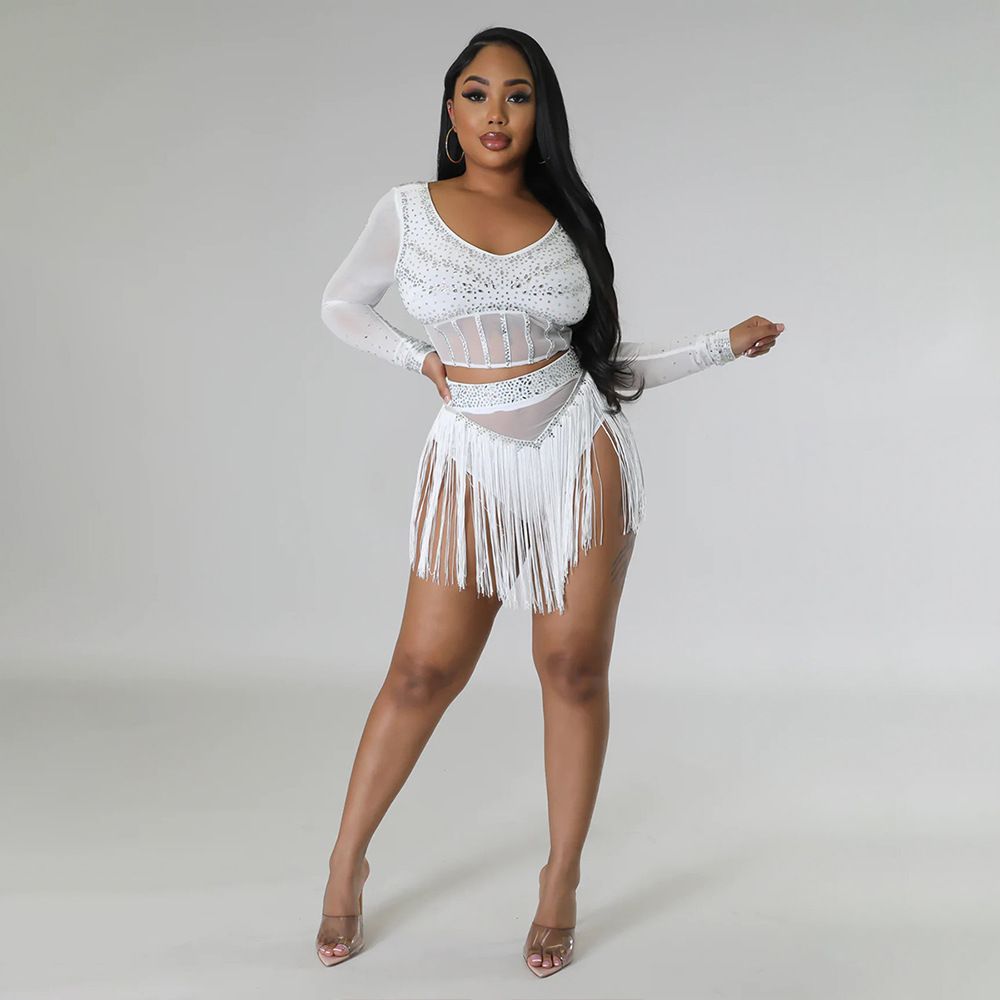 Shorts Sets long-sleeved two-piece set, sexy V-neck top and fringed briefs, suit for women_voghion.com