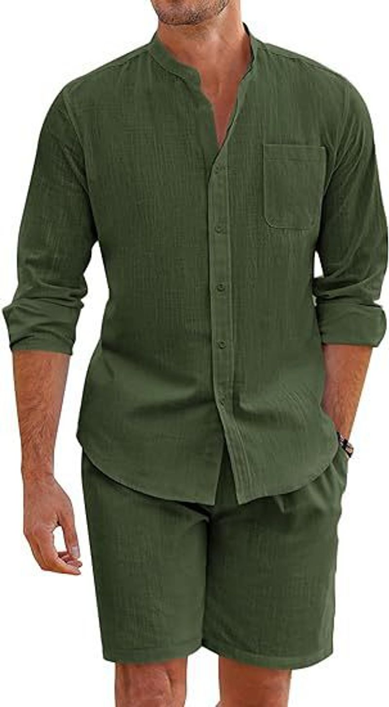 Abbigliamento estivo da uomo, due pezzi, camicia con bottoni in poliestere, pantaloncini a maniche lunghe, cardigan, semplice abbigliamento casual da spiaggia_voghion.com