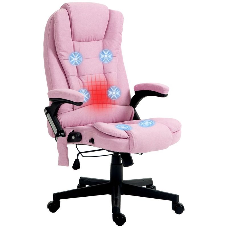 HOMCOM Linen Vibrating Massage Heated Office Chair High Back Reclining Padded Armrests Remote Pink_voghion.com