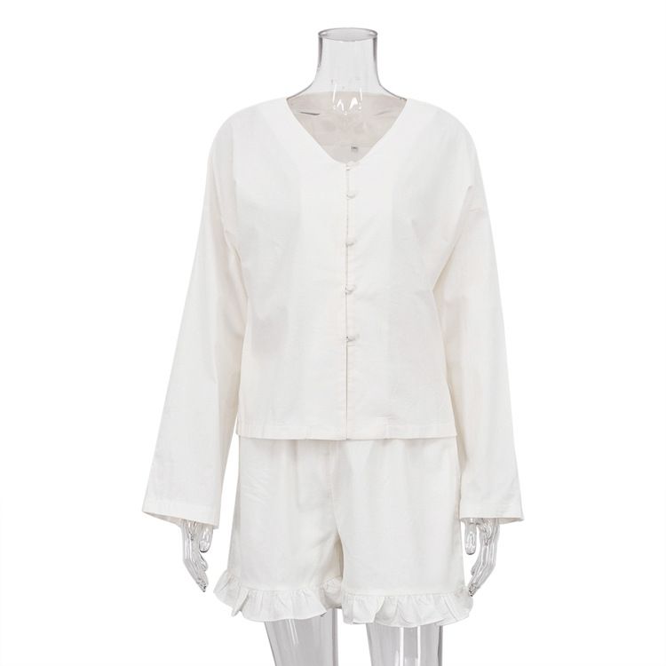 Damenbekleidung langärmliges, lockeres Freizeithemd mit hoher Taille und Shorts, zweiteiliger Anzug_voghion.com