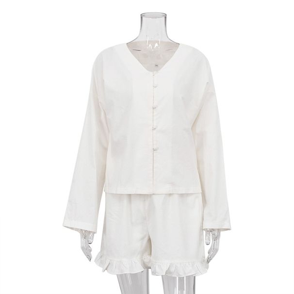Damenbekleidung langärmliges, lockeres Freizeithemd mit hoher Taille und Shorts, zweiteiliger Anzug_voghion.com