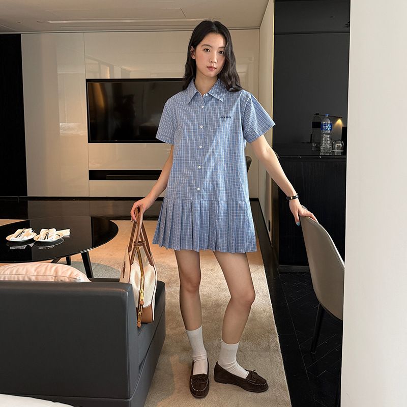 Allo Academy Style Miu Series Plaid Pleated Skirt For Women 2025 Summer Petite Age-Reducing Shirt Dress 23216_voghion.com