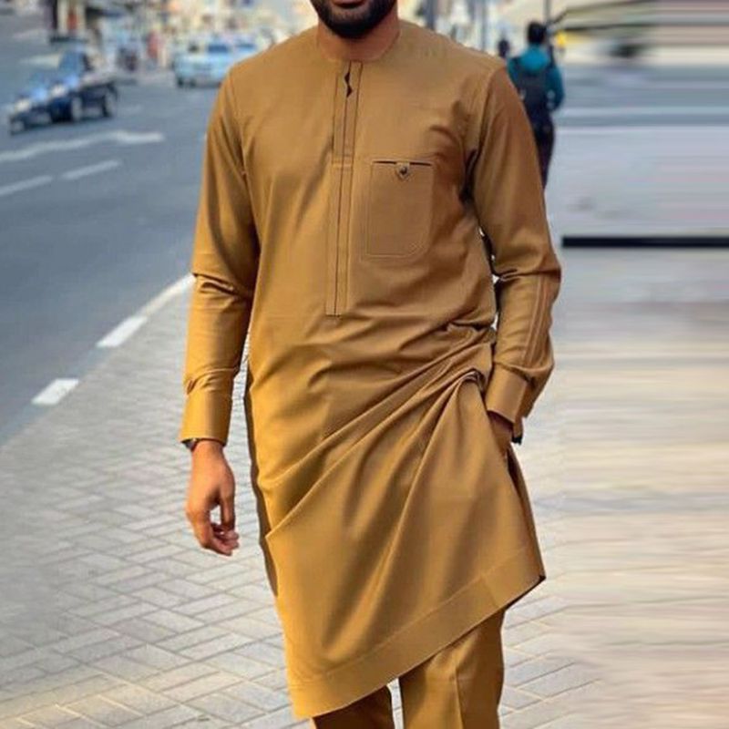Men's moslem new four-season youth stand-up collar slim fit brown plain spring and autumn ready-made casual shirt 1273064_voghion.com