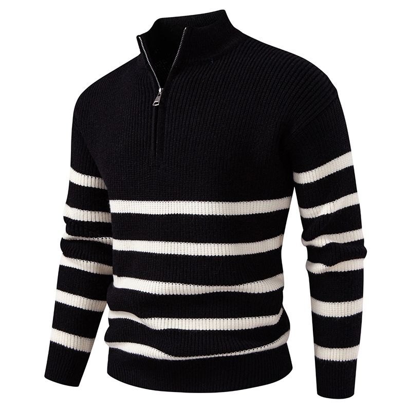 Modischer Herren-Strickpullover mit Streifenmuster und Farbblock-Design, Stehkragen mit halbem Reißverschluss, schmale Passform, trendiger Markenpullover_voghion.com