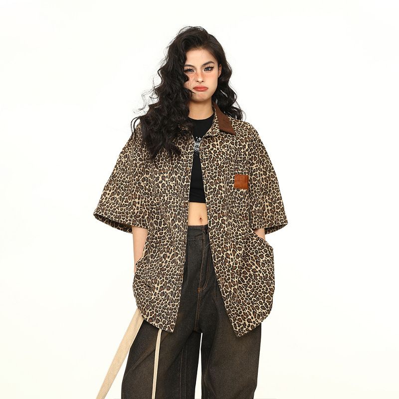 Chemise à manches courtes en denim à imprimé léopard vintage américain pour femme, veste à col polo de rue explosive de marque tendance d'été_voghion.com