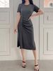 Kurzärmliges schwarzes Kleid für Damen im Sommer 2025, das ein Gefühl von Luxus ausstrahlt und mit einer taillierten Taille schlank macht. Lässig_voghion.com