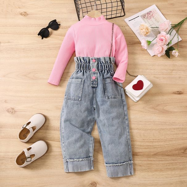 Abbigliamento per bambini e bambine, tinta unita, a maniche lunghe, con collo alto, pantaloni in denim arricciati, set da due pezzi_voghion.com