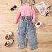 Abbigliamento per bambini e bambine, tinta unita, a maniche lunghe, con collo alto, pantaloni in denim arricciati, set da due pezzi_voghion.com