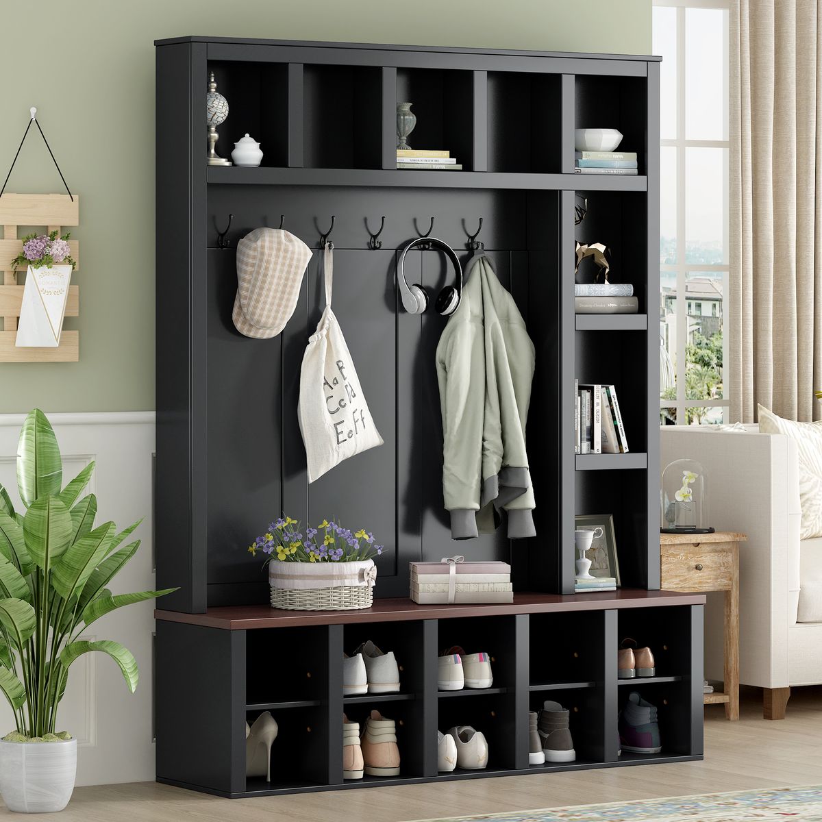 ON-TREND Farmhouse Wooden Style Hall Tree With 6 Hooks, Practical Walnut Storage Bench With Adjustable Shelves, 4-in-1 Entryway Shoe Cabinet With 13 Cubbies For Mudroom, Living Room, Black, 76.7"H_voghion.com