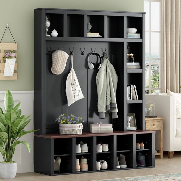 ON-TREND Farmhouse Wooden Style Hall Tree With 6 Hooks, Practical Walnut Storage Bench With Adjustable Shelves, 4-in-1 Entryway Shoe Cabinet With 13 Cubbies For Mudroom, Living Room, Black, 76.7"H_voghion.com