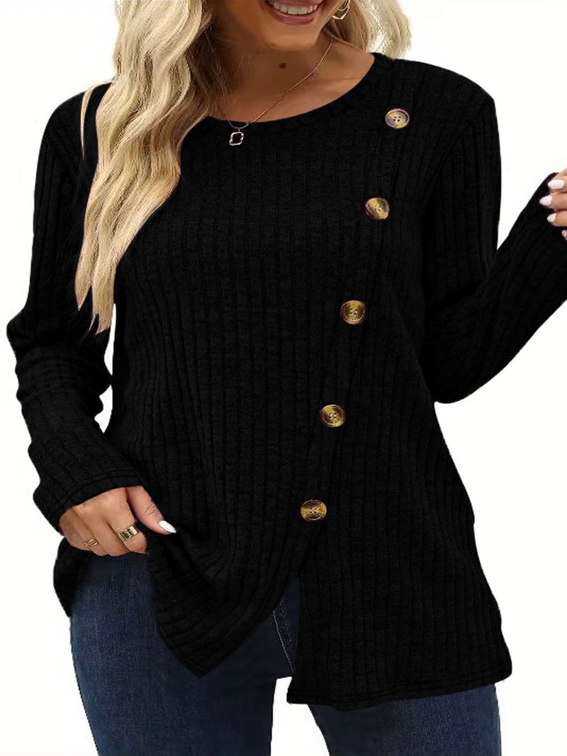 Spring and Autumn New Women's Button Splicing Solid Color Split Long Sleeve Knitted Round Neck Pit Strip T-shirt Top_voghion.com