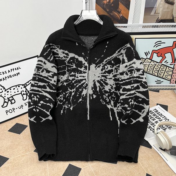 Herren-Vintage-Cardigan mit Schmetterlings-Reißverschluss – Weicher, wachsartiger Strickpullover für Herbst/Winter (Schwarz/Grau, M-XXL)_voghion.com