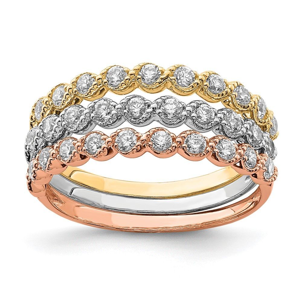 10K Tri-color Set Of Three Stackable CZ Rings_voghion.com