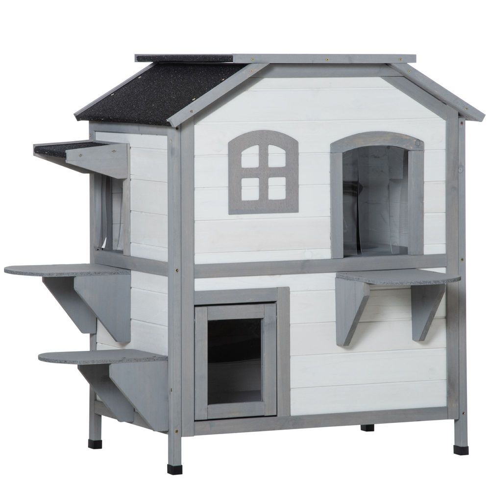 PawHut 2-story Cat House Outdoor, Weatherproof Wooden Cat Enclosure For Feral Cats With Escape Door, Openable Roof, Jumping Platforms, White_voghion.com