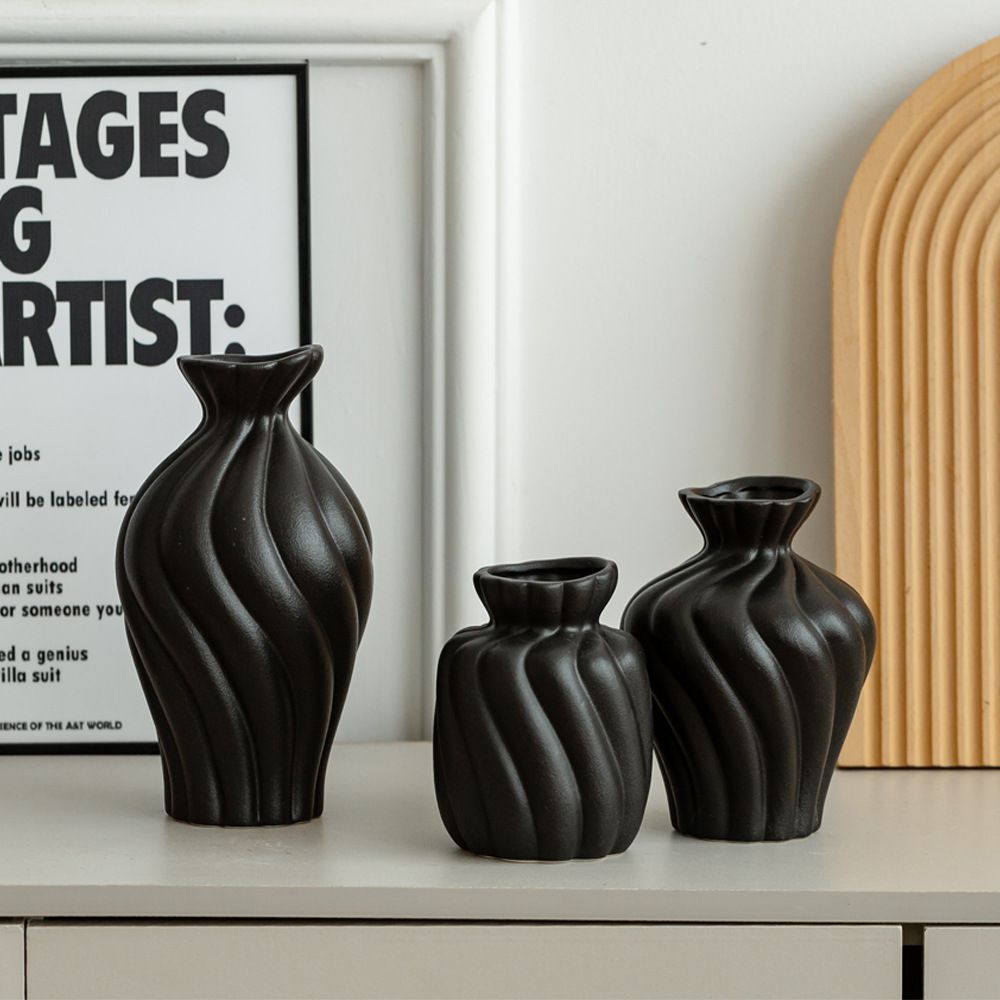 Set di vasi in ceramica moderni e minimalisti - Vasi con effetto increspato per fiori freschi/secchi, 3 pezzi, in bianco e nero_voghion.com