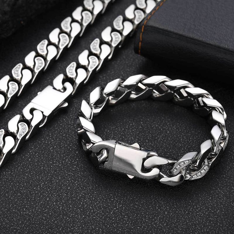 Conjunto de colar e pulseira de corrente cubana de 12 mm para homens e mulheres, joias de hip hop de aço inoxidável com colar e pulseira de zircônia semi-pavimentada CNC_voghion.com