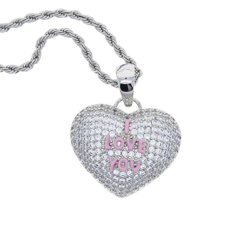 Collana con ciondolo a forma di cuore in zirconia cubica per coppie, stile hip-hop alla moda con design "TI AMO" in smalto rosa, catena regolabile da 51 a 80 cm_voghion.com