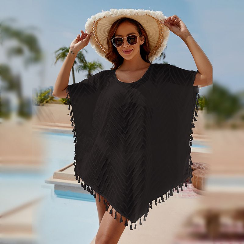 Women's Clothing Solid Color Turtleneck Perspective Tassel Half Sleeve Bikini Swimsuit Blouse_voghion.com
