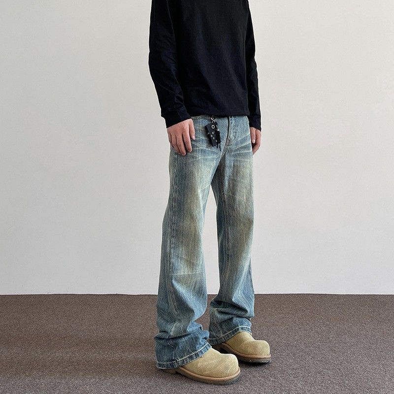 Herrenbekleidung High Street Cleanfit Katzenschnurrhaarmuster Distressed Jeans Gerade ausgestellte Vibe Lange Hose_voghion.com