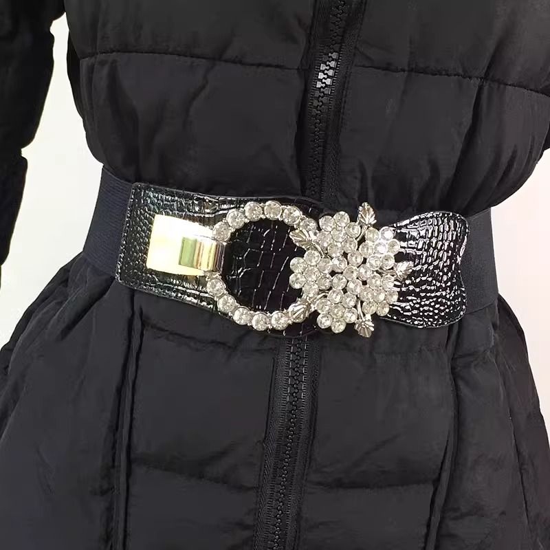 Simples versátil strass decorado para mulheres moda vestido cintura elástica cinto largo_voghion.com