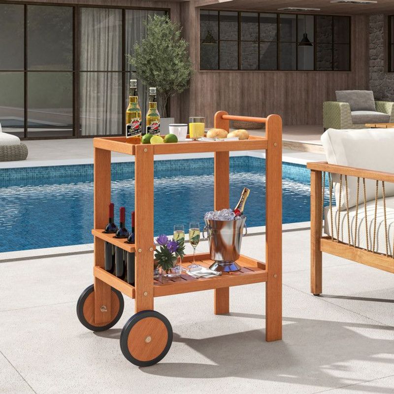 2 Tier Rolling Serving Cart With Wine Bottle Holders And 2 Rubber Wheels_voghion.com