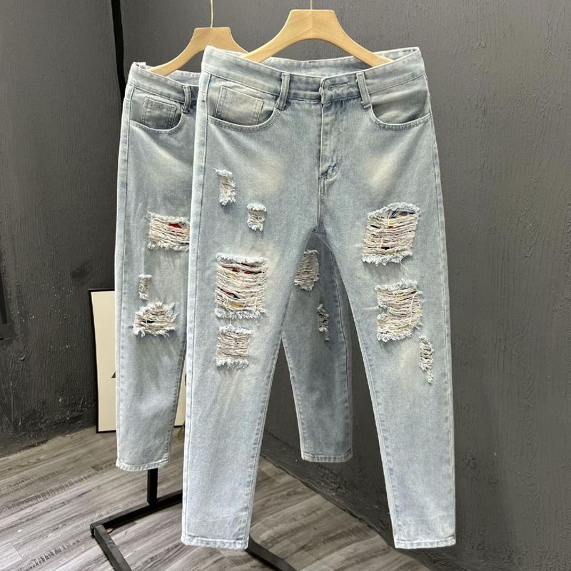 Koreanische Version von Jeans, elastische Slim-Fit-Jeans für Herren, trendige Marke, vom Bettler zerrissene Löcher, abgekratzte Kanten, vielseitige lässige Länge_voghion.com