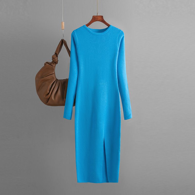 Abbigliamento da donna Autunno e inverno Abito in maglia sottile Indossare soprabito Lunghezza media Maniche lunghe Aderente Fondo Borsa Gonna fianchi_voghion.com