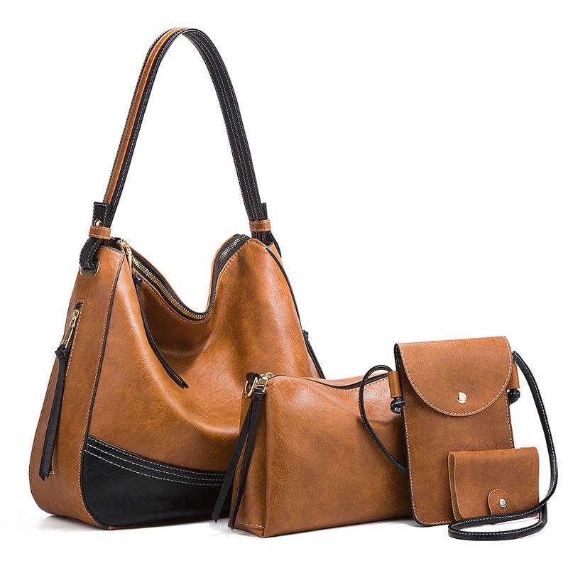 Damentaschen, einfache Handtasche mit Farbblock, modisches und trendiges vierteiliges Set mit großer Kapazität, weiche Umhängetasche für Mutter und Kind_voghion.com