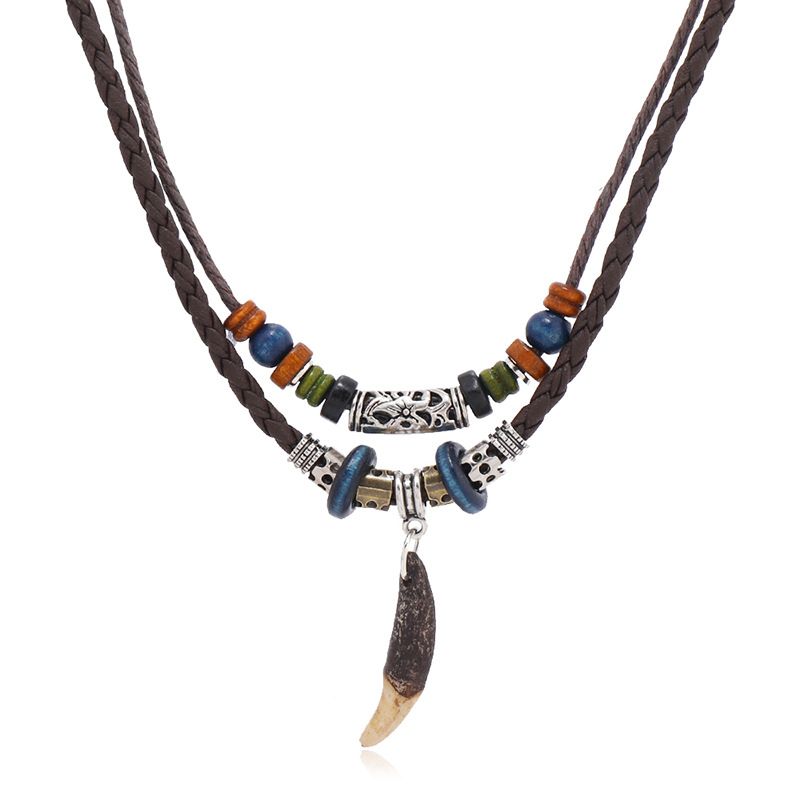 Nieuwe etnische stijl kledingaccessoires gepersonaliseerde hondentanden hanger heren leren meerlagige lange ketting_voghion.com