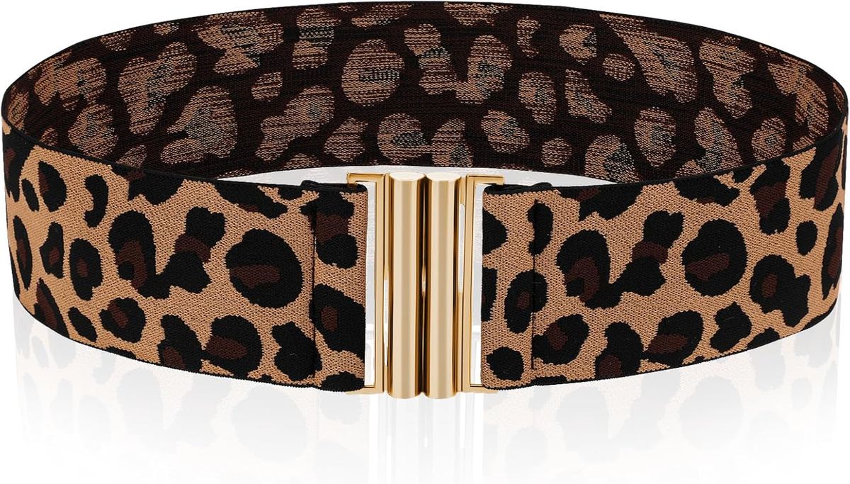 Stretch-Taille für Damen, schmaler breiter Bund, Vintage mit elastischem Leopardenmuster, Retro-Kleid, Einsteckfach, flache Schnalle, Kleid_voghion.com