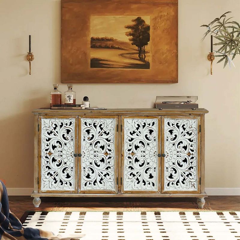 Accent Cabinet With 4 Doors, Farmhouse Sideboard Buffet Cabinet With Storage, Modern Credenza Storage Cabinet With Wood Carved Floral Doors For Living Room, Dining Room, Entryway, Hallway, Kitchen_voghion.com