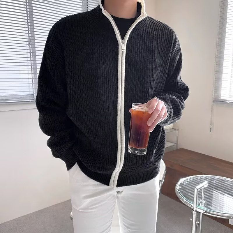 Men's Double Zipper Contrast Color Knit Sweater | Loose Fit Stand Collar Thickened Cardigan | Casual Winter Pullover_voghion.com