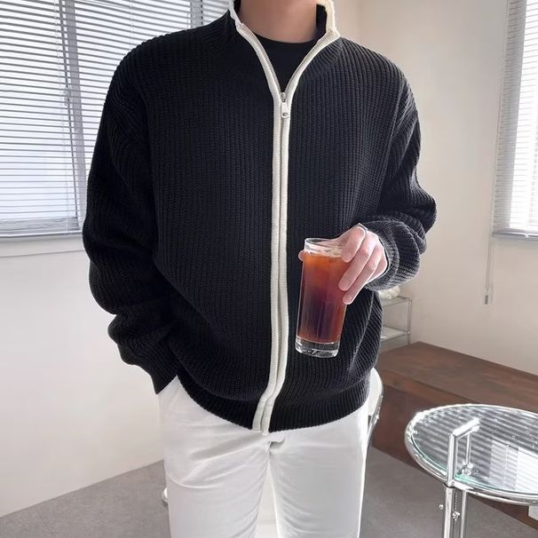 Men's Double Zipper Contrast Color Knit Sweater | Loose Fit Stand Collar Thickened Cardigan | Casual Winter Pullover_voghion.com