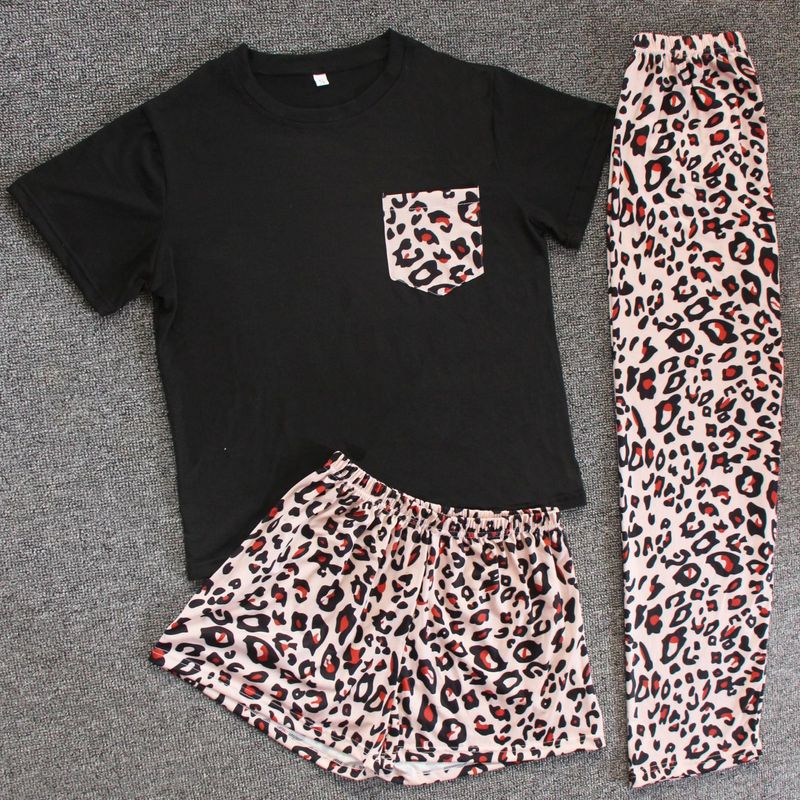 Home wear three-piece suit pajamas for women sources ins style leopard print splicing_voghion.com