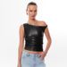 Y24TP647 Women's Autumn/Winter Twisted Strap Off Shoulder Leather Folded Short Open Umbilical Top T-shirt_voghion.com