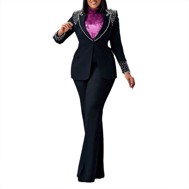 Costum elegant pentru femei, cu mânecă lungă și perle, slim fit, elastic, costum din două piese_voghion.com