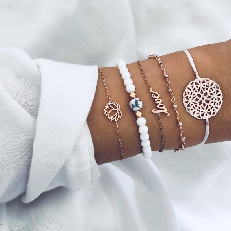 Neu Schmuck Lotus Englisch Liebe Fanhua Weiß Türkis Fünf-Stück Set Armband_voghion.com