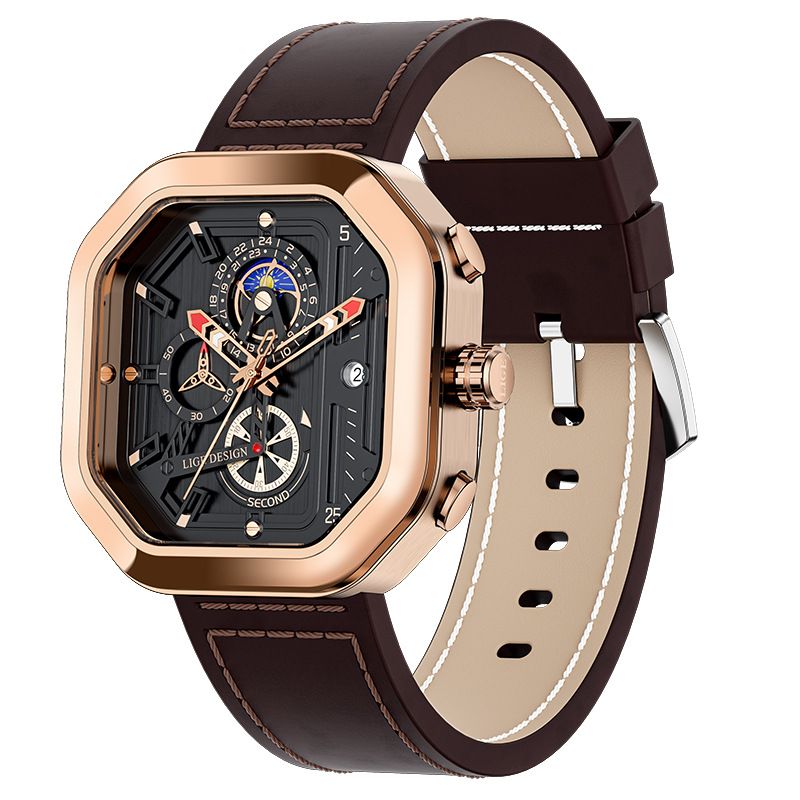 Men's Stylish Octagonal Quartz Watch With Date Function, Water Resistant, Genuine Leather Strap, Mineral Crystal Glass, Sporty Design_voghion.com