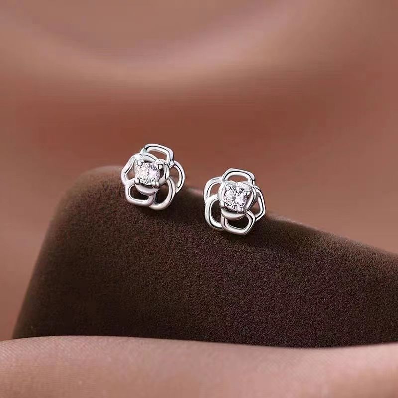 Orecchini a forma di rosa in argento sterling S999 per donna, leggeri, lussuosi, semplici, francesi, retrò, temperamento, carini, dolci, orecchini intarsiati con zirconi_voghion.com