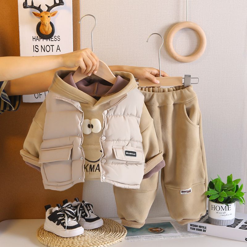 Boys Fleece-Lined Thickened Cotton Vest Three-Piece Baby Winter Hooded Sweatshirt Set Stylish Clothes_voghion.com
