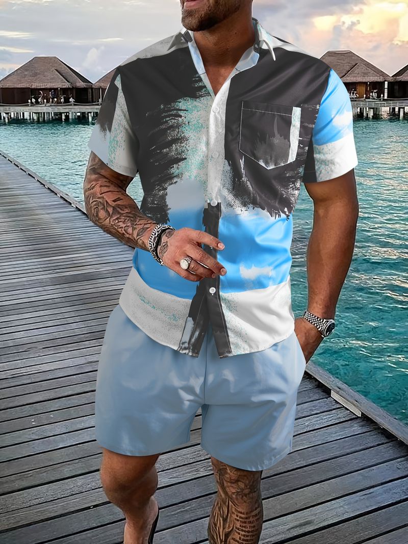 Herrenbekleidung Sommer Herren Hawaiian Gradient Digitaldruck Saum Urlaub Kurzarm Shorts Hemd Anzug_voghion.com