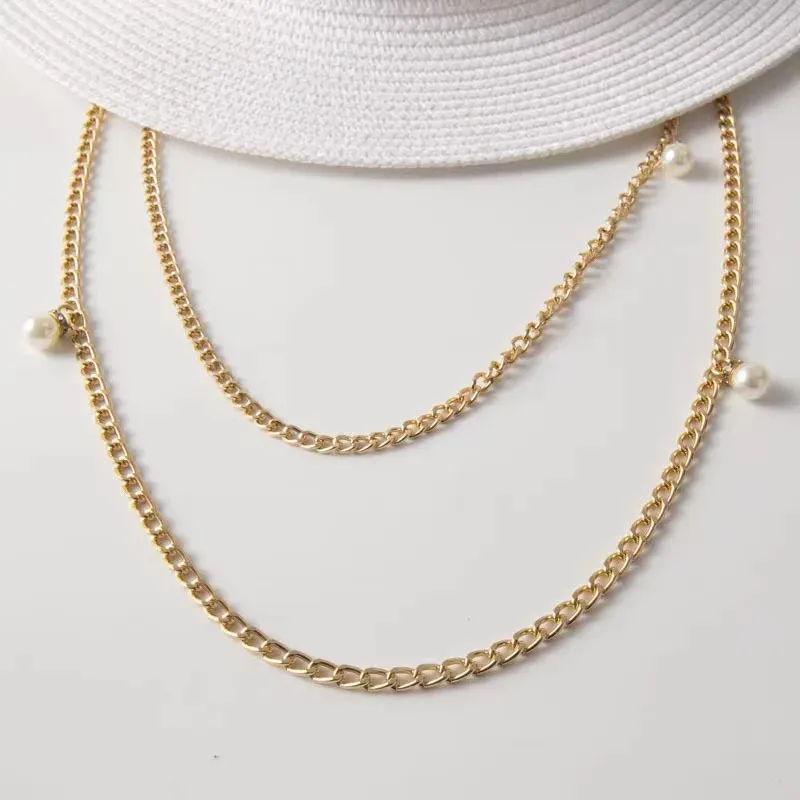 Chapeau Fedora à double chaîne pour femme, chapeau de paille à la mode, nouvelle collection été 2024_voghion.com