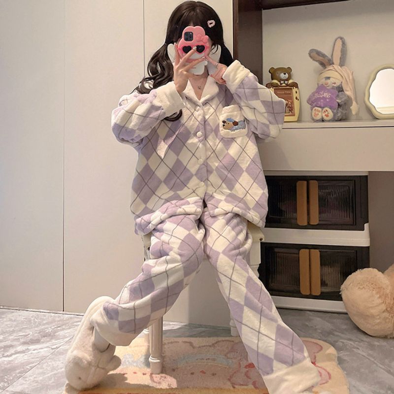 2024 Inverno Nuova Edizione Coreana Flanella Spessa Dolce e Carino Colletto Cardigan Set Pigiama Arredamento per la Casa da Donna_voghion.com