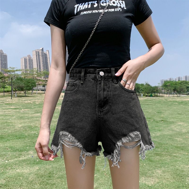 Black distressed denim shorts for women's 2024 summer new high waisted outerwear, slimming A-line wide leg fur edge hot_voghion.com